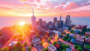 Voxel Cityscape at Sunset – free AI stock image