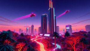 Voxel Cityscape with Flying Cars – free AI stock image
