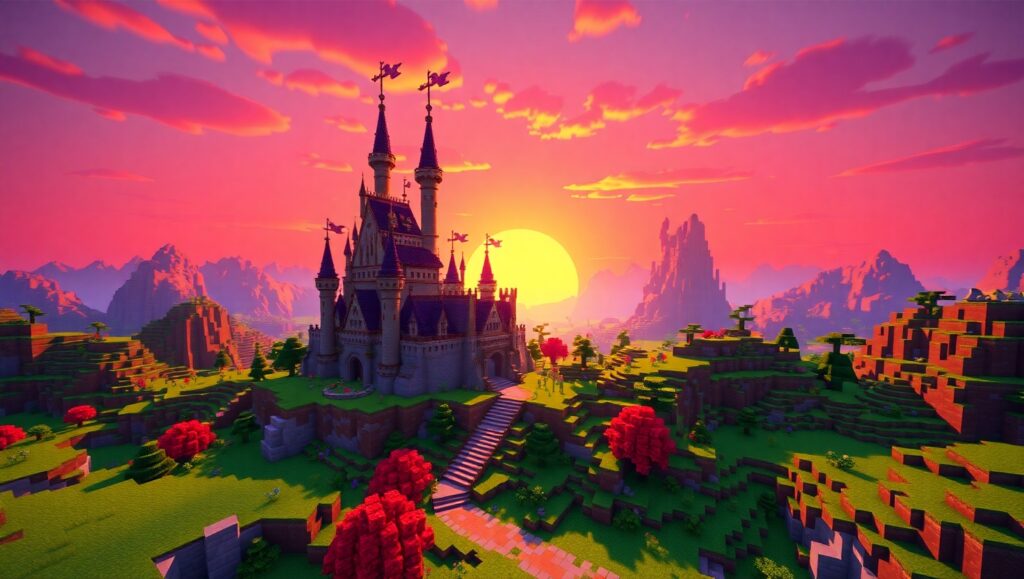 Voxel Fantasy Castle Landscape – free AI stock image