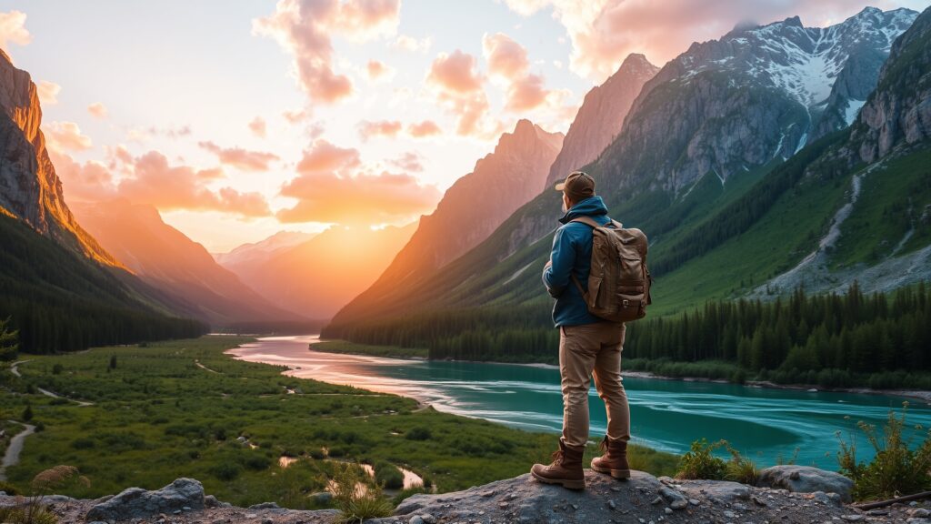 Wanderlust Adventures: A Serene Sunrise Over Majestic Mountains and Tranquil Rivers image – free AI stock image
