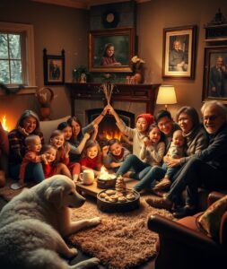 Warm Family Gathering Around a Cozy Fireplace – free AI stock image