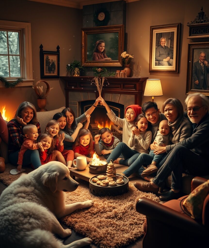 Warm Family Gathering Around a Cozy Fireplace – free AI stock image
