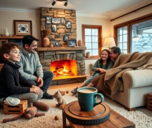 Warm Family Gathering Around the Fireplace – free AI stock image