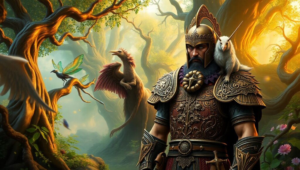 Warrior Among Mythical Creatures – free AI stock image