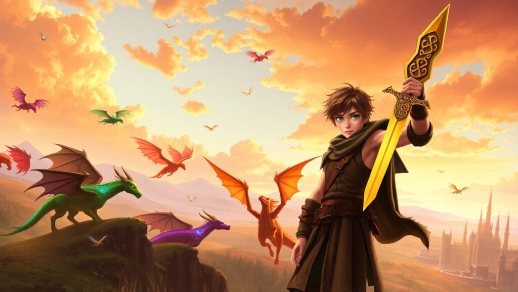Warrior and Dragons at Sunset – free AI stock image
