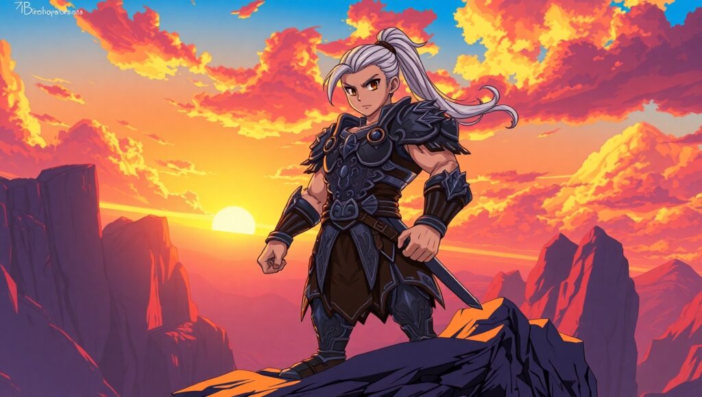 Warrior at Sunset Cliff – free AI stock image