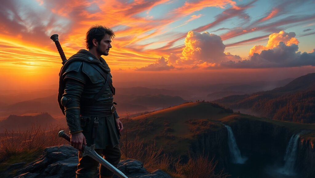 Warrior at Sunset Over Mystic Lands – free AI stock image