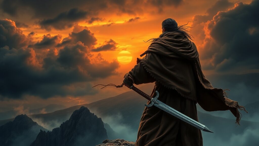 Warrior at the Stormy Cliff – free AI stock image