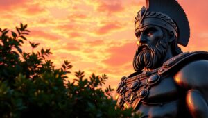 Warrior Statue at Sunset – free AI stock image