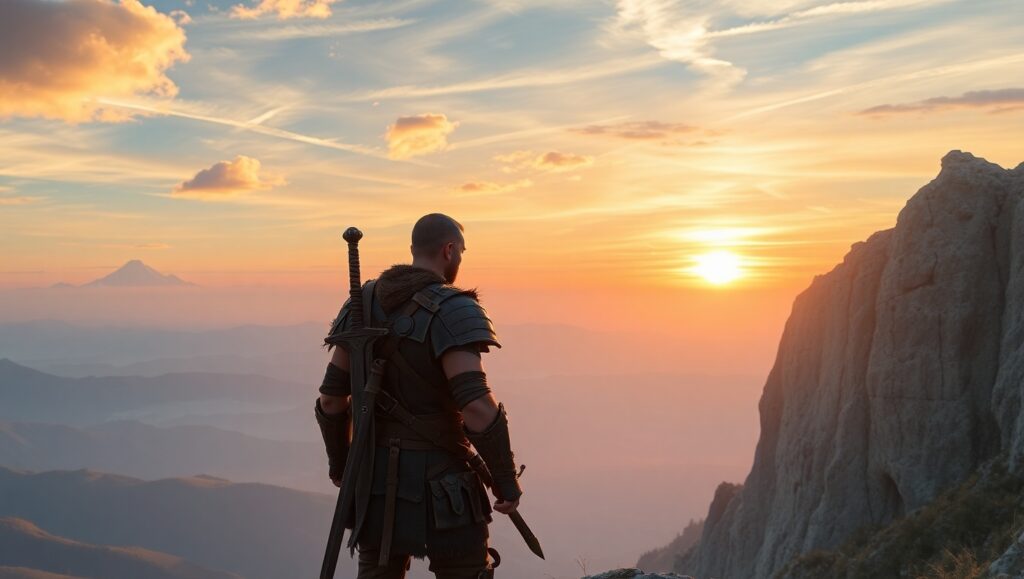 Warrior’s Dawn Overlooking the Valley – free AI stock image