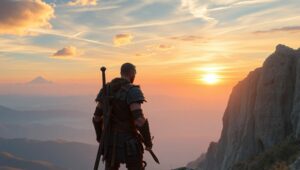 Warrior’s Dawn Overlooking the Valley – free AI stock image