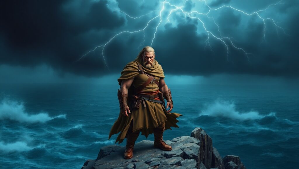 Warrior’s Vigil Over Tempest Seas – free AI stock image