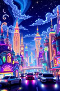 Whimsical Animated Cityscape at Night – free AI stock image
