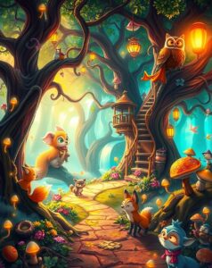 Whimsical Animated Forest Adventure – free AI stock image