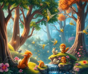 Whimsical Animated Forest Adventure Scene – free AI stock image