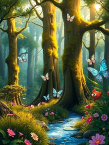 Whimsical Animated Forest Adventure Scene – free AI stock image