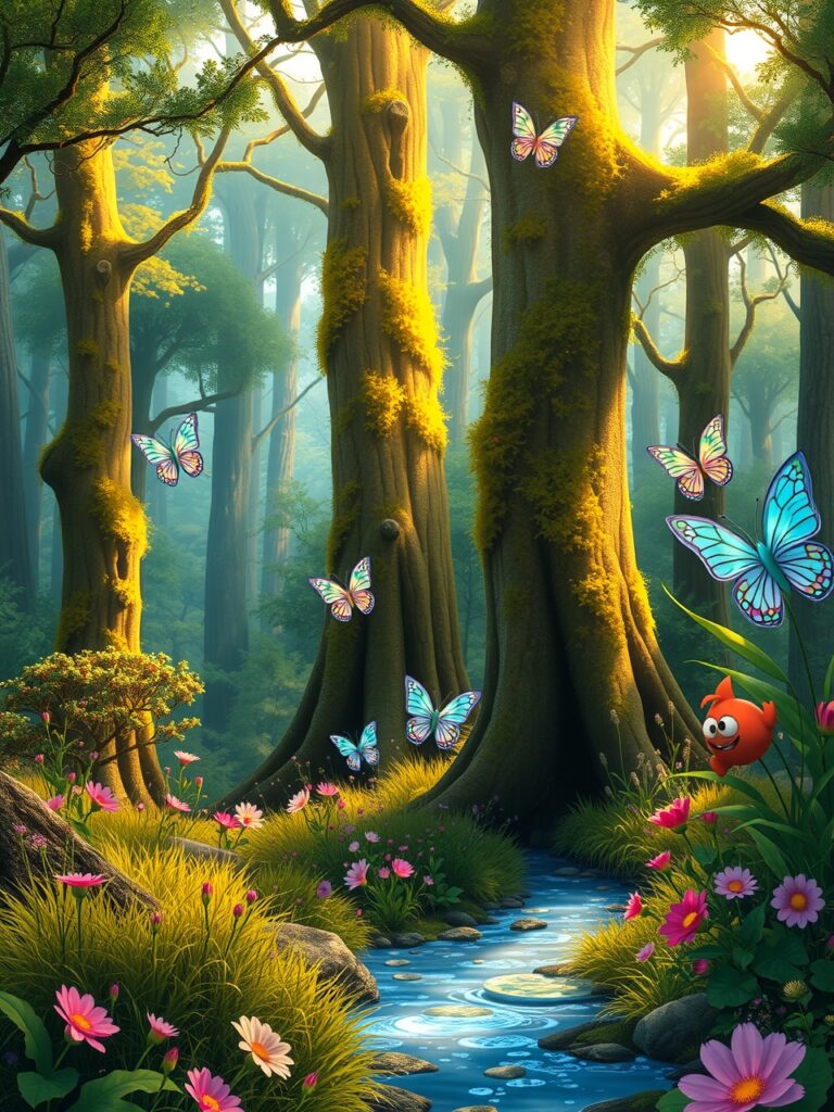 Whimsical Animated Forest Adventure Scene – free AI stock image