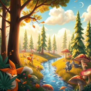 Whimsical Animated Forest Adventure Scene – free AI stock image