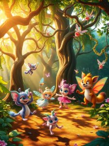 Whimsical Animated Forest Creatures Dance – free AI stock image