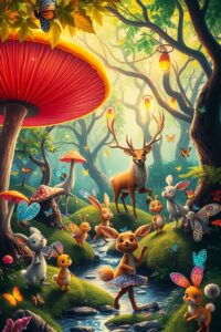 Whimsical Animated Forest Creatures Dancing – free AI stock image
