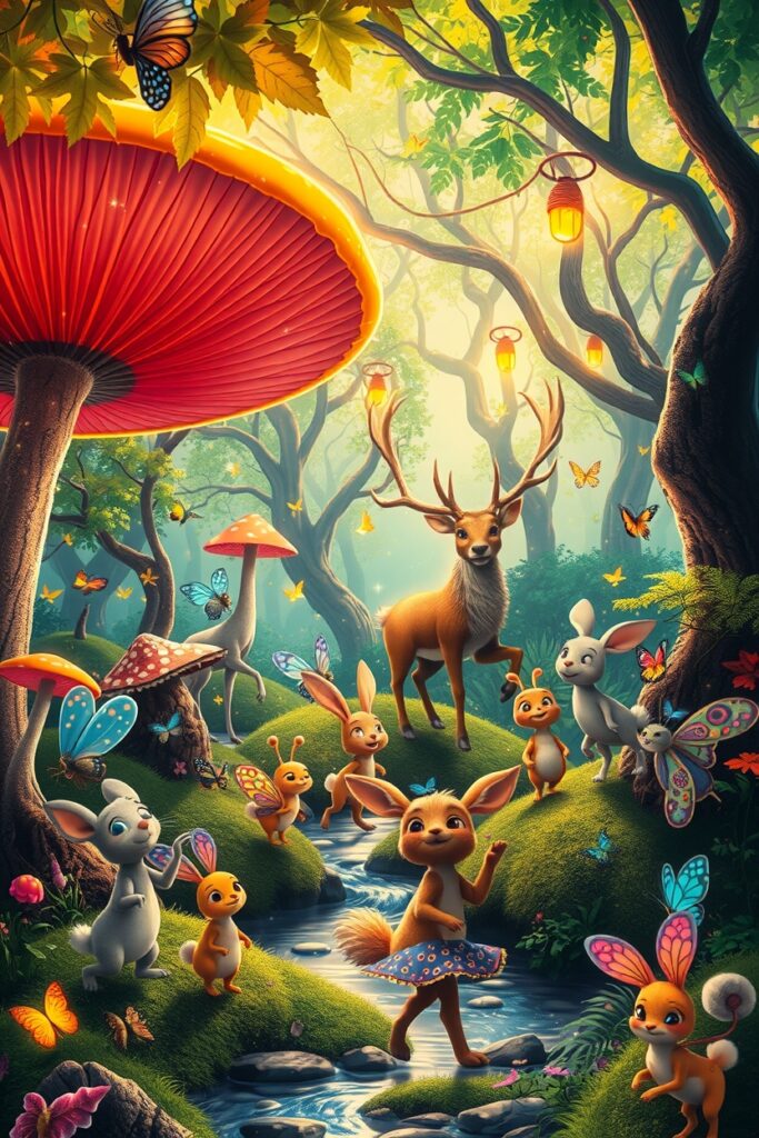 Whimsical Animated Forest Creatures Dancing – free AI stock image