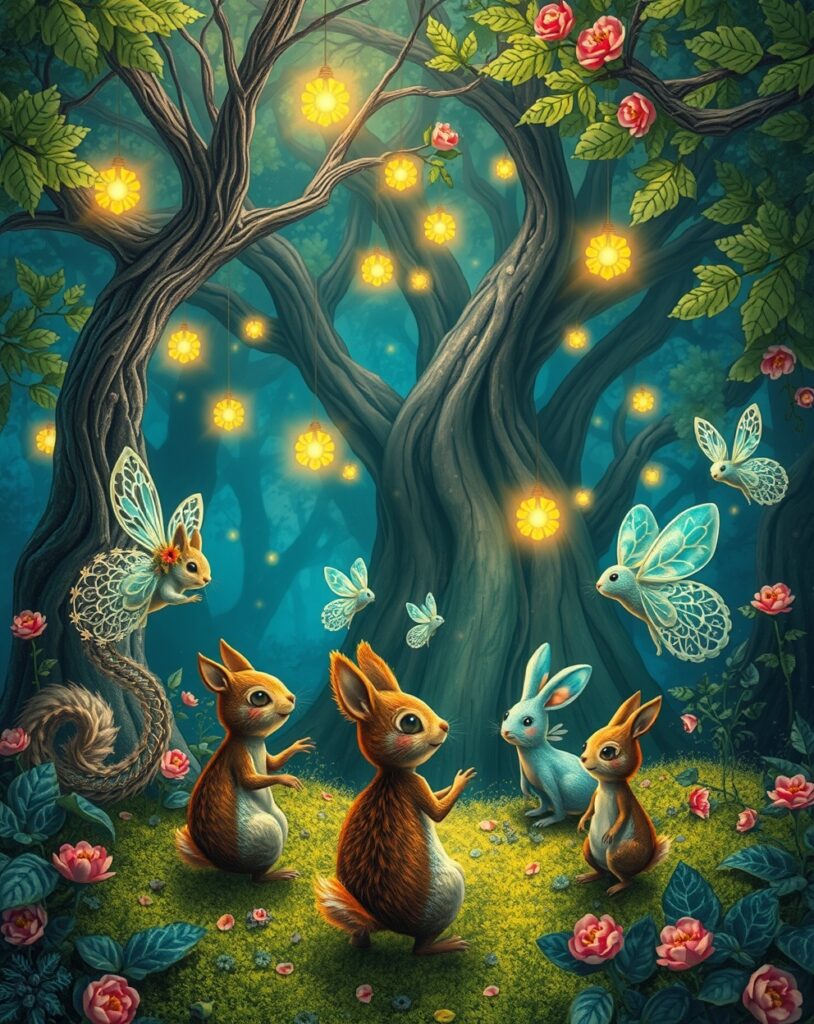 Whimsical Animated Forest Creatures Gathering – free AI stock image