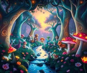 Whimsical Animated Forest Creatures Gathering – free AI stock image
