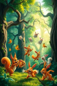 Whimsical Animated Forest Creatures in Play – free AI stock image