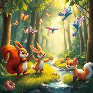 Whimsical Animated Forest Creatures Playing – free AI stock image