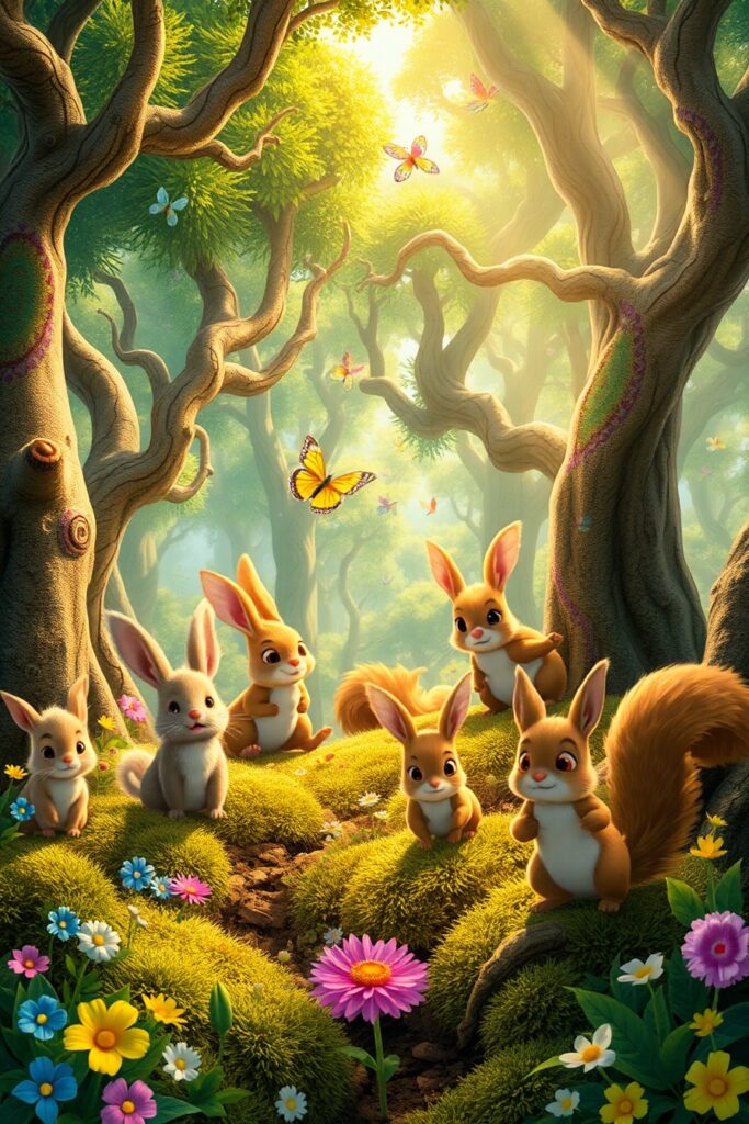 Whimsical Animated Forest Creatures Playtime – free AI stock image