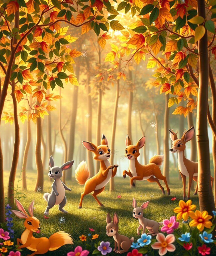 Whimsical Animated Forest with Dancing Animals – free AI stock image