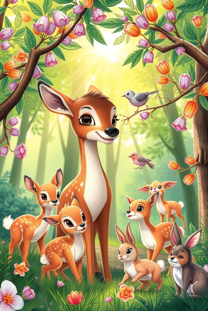 Whimsical Animated Forest Scene with Animals – free AI stock image