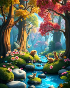 Whimsical Animated Forest Scene with Creatures – free AI stock image