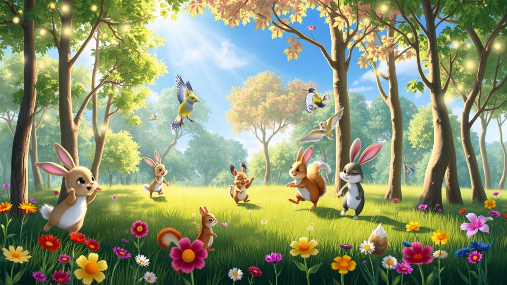 Whimsical Animated Forest Scene with Dancing Animals – free AI stock image