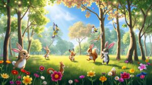 Whimsical Animated Forest Scene with Dancing Animals – free AI stock image