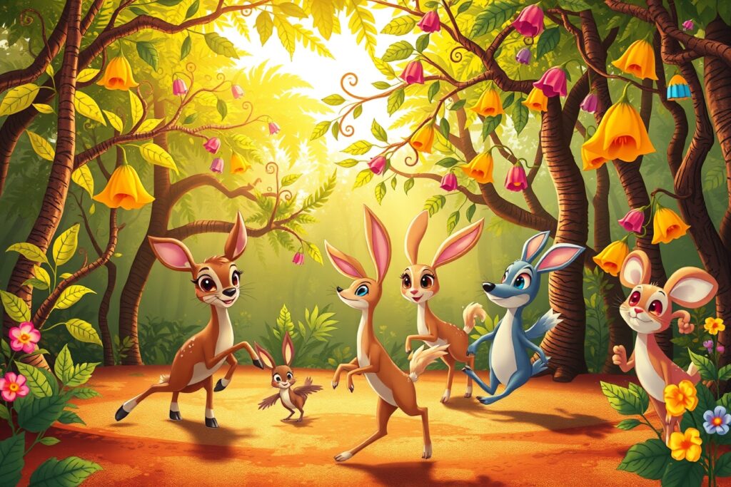 Whimsical Animated Forest with Dancing Animals – free AI stock image