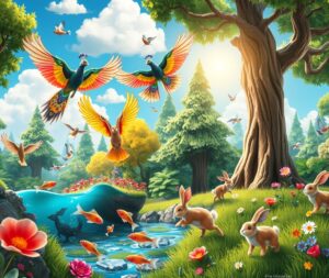 Whimsical Animated Forest with Dancing Animals – free AI stock image