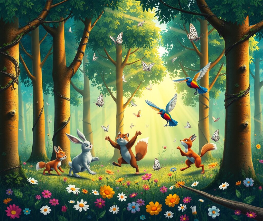 Whimsical Animated Forest with Dancing Animals – free AI stock image