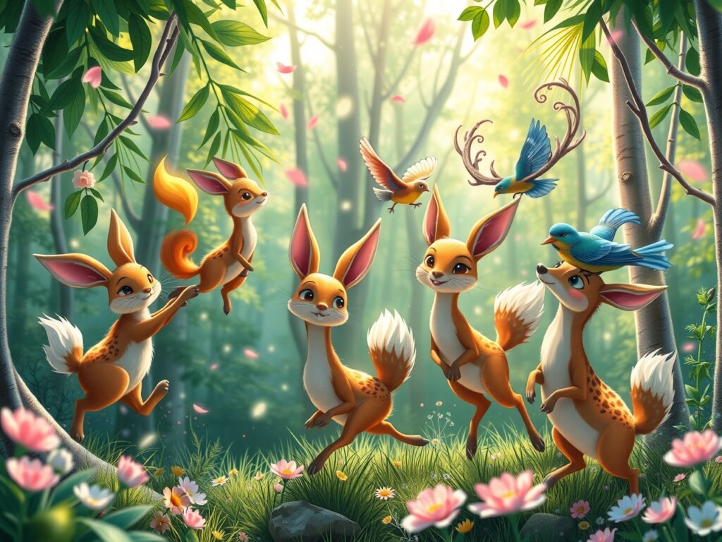 Whimsical Animated Forest with Dancing Animals – free AI stock image