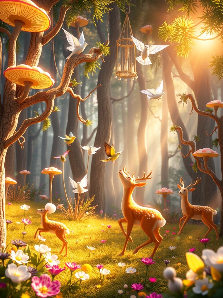 Whimsical Animated Forest with Dancing Animals – free AI stock image