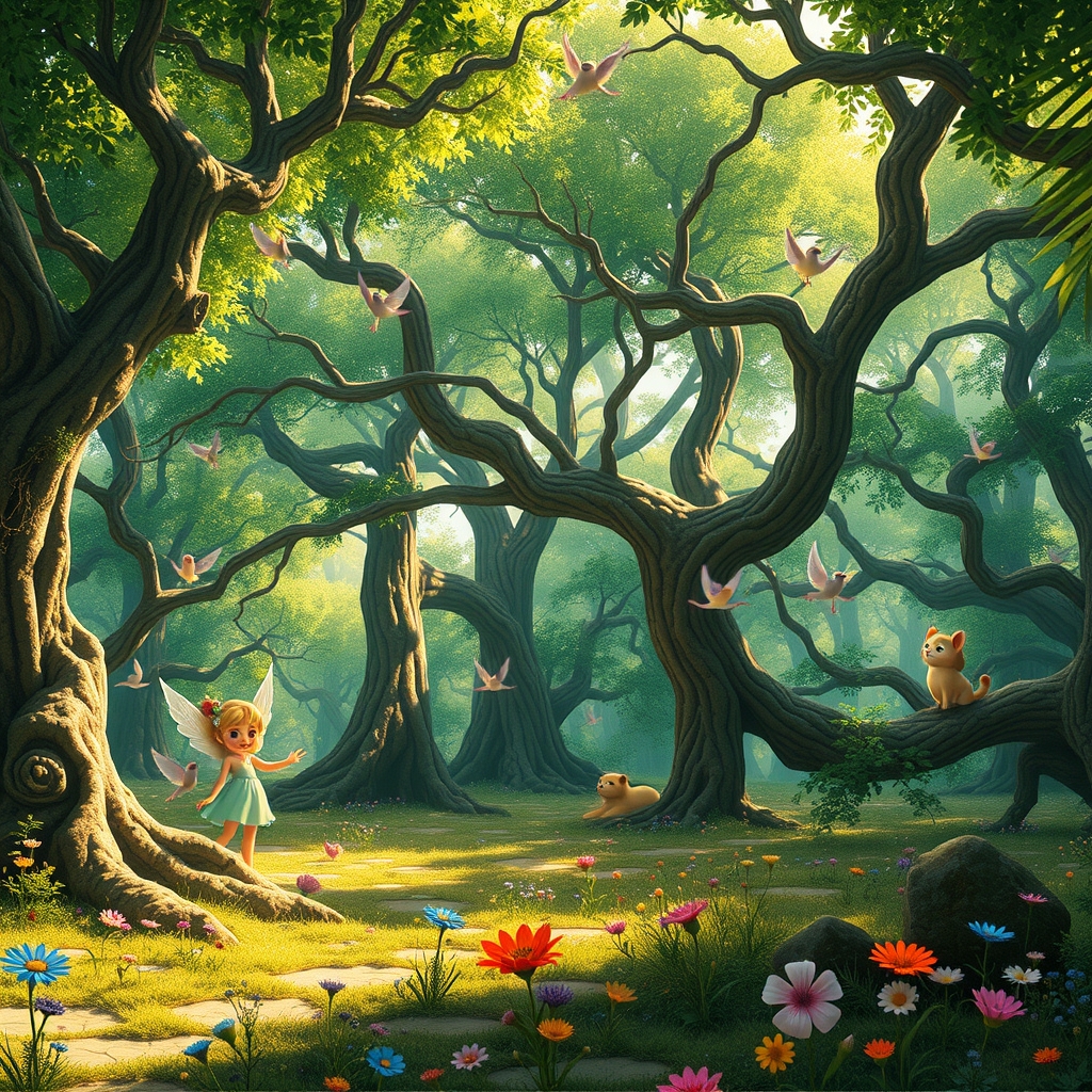Whimsical Animated Forest with Dancing Creatures – free AI stock image