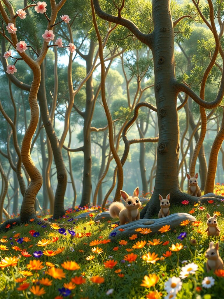 Whimsical Animated Forest with Dancing Trees – free AI stock image