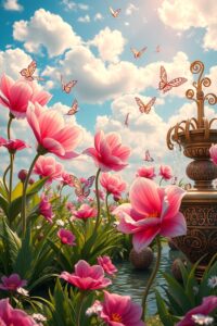 Whimsical Animated Garden with Dancing Flowers – free AI stock image