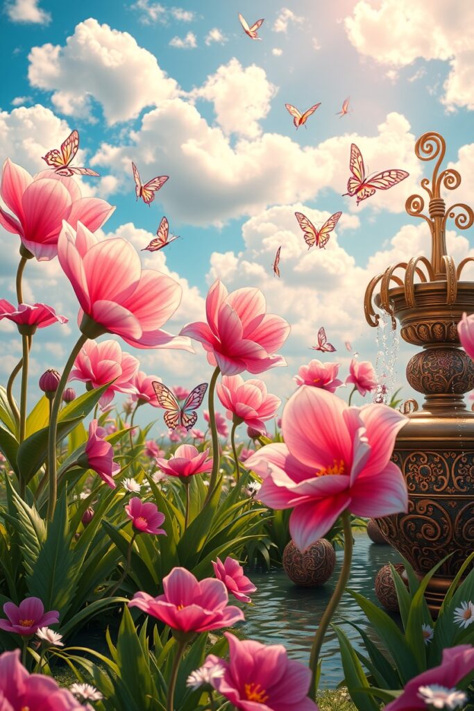 Whimsical Animated Garden with Dancing Flowers – free AI stock image