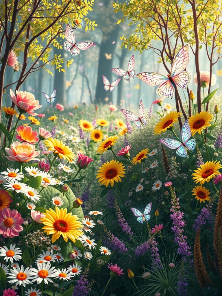Whimsical Animated Garden with Fluttering Creatures – free AI stock image