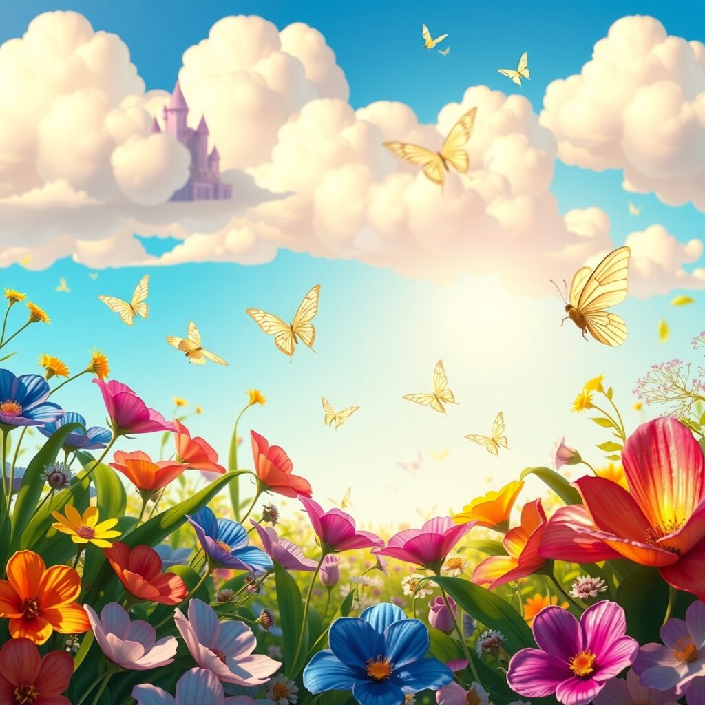 Whimsical Animated Garden with Fluttering Creatures – free AI stock image