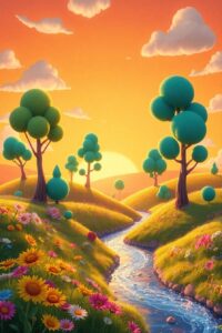 Whimsical Animated Landscape at Sunset – free AI stock image