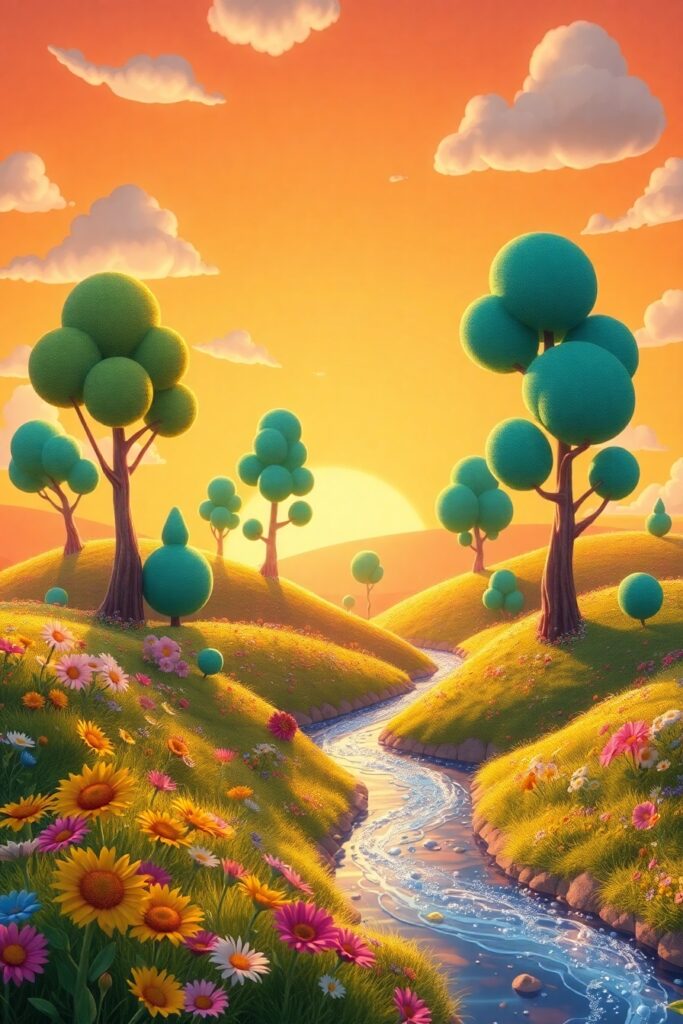 Whimsical Animated Landscape at Sunset – free AI stock image