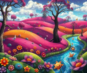 Whimsical Animated Landscape with Colorful Creatures – free AI stock image