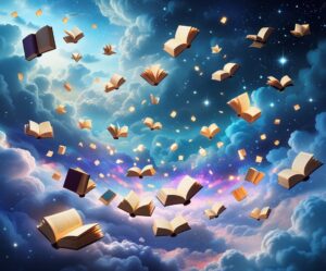 Whimsical Books Floating in Dreamscape – free AI stock image